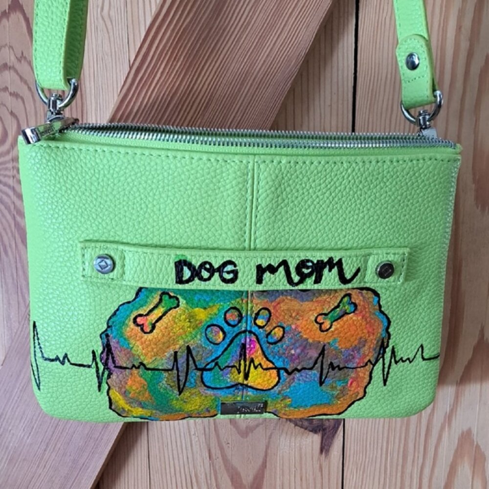 Hand Painted Faux Leather Lime Green Crossbody Dog Mom Bag Purse - Picture 12 of 13